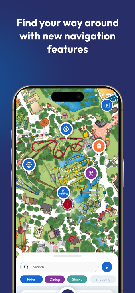 Six Flags app interface showing an interactive park map with wait times and navigation features