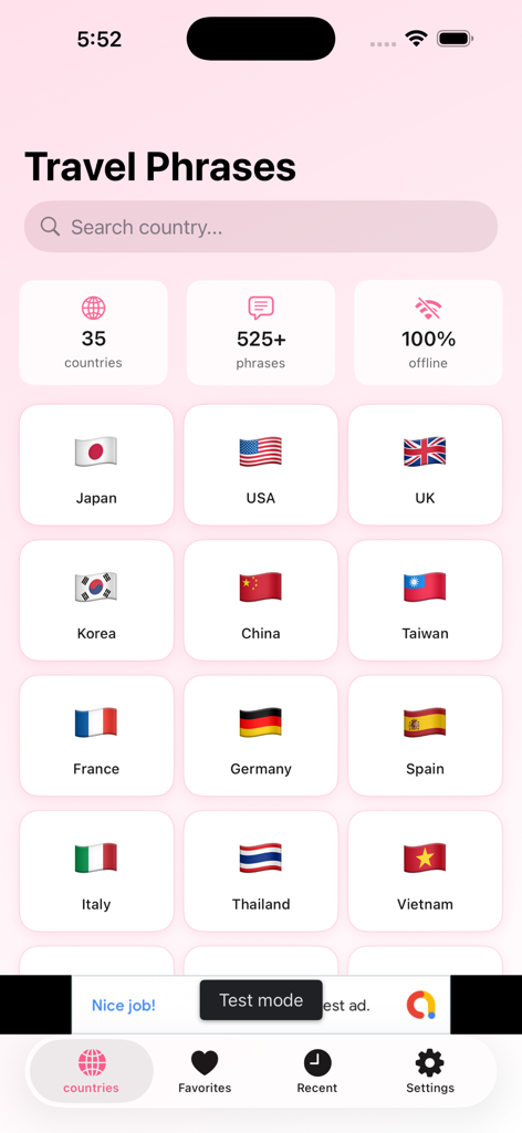 SpeakEasy Travel - SpeakEasy Travel app main screen showing offline phrases for multiple countries