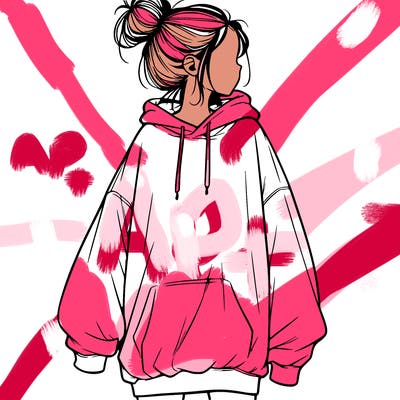realistic girl with a oversized sweatshirt on and a bun
