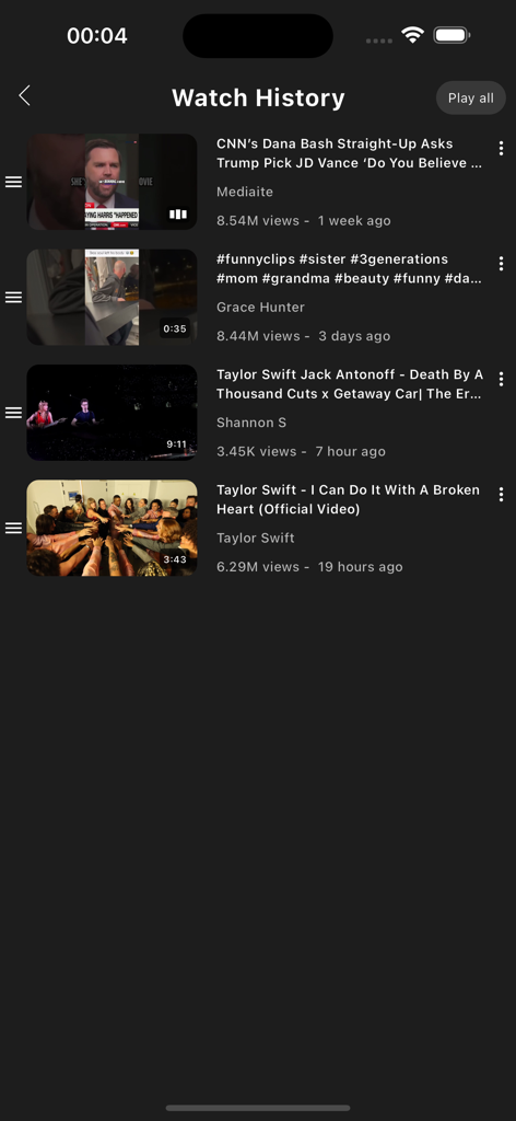 Play Tube: Video & Music - Play Tube app Watch History screen showing a list of recently viewed videos