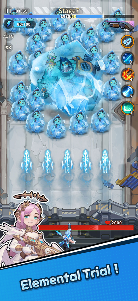 BangBang Survivor - Gameplay screenshot of BangBang Survivor showing frozen zombie enemies and ice projectiles in the Elemental Trial mode