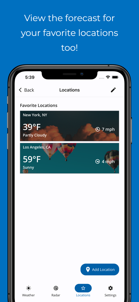 SimpleWeather - A weather app - Screenshot of the SimpleWeather app displaying a list of favorite cities with their current weather and wind speed.