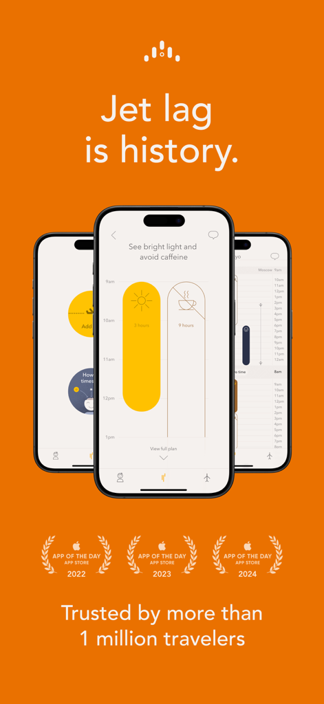 Timeshifter mobile app interface showing personalized jet lag schedules and App Store award badges