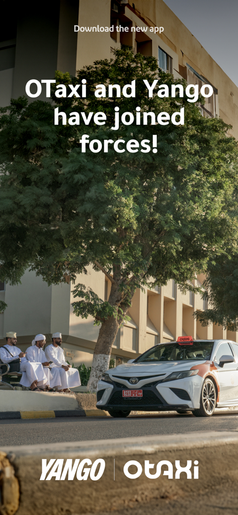 Oman Taxi: Otaxi - Announcement showing Otaxi and Yango joining forces with a taxi car in Oman