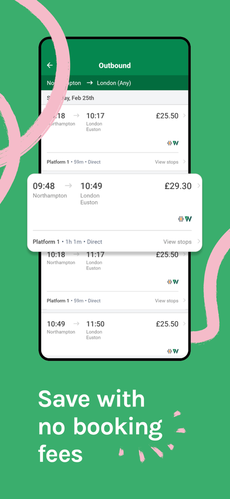 LNR-App-Oberfläche zeigt Zugzeiten von Northampton nach London ohne Buchungsgebühren an.