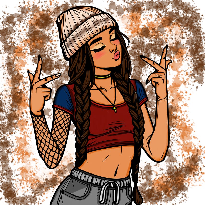 realistic teenage girl with braids and a beanie and crop top doing 🫶🏼
