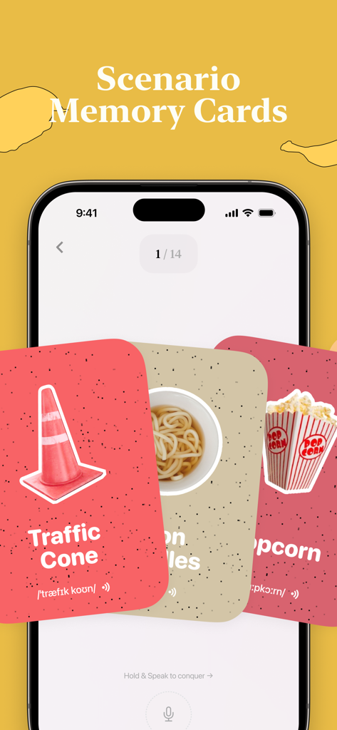 CapWords AI: Learn Languages - CapWords AI interface displaying scenario memory cards for traffic cone, noodles, and popcorn with phonetic pronunciations