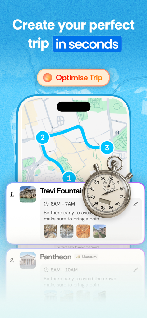 Roamy app interface showing a travel map route and an optimized daily itinerary