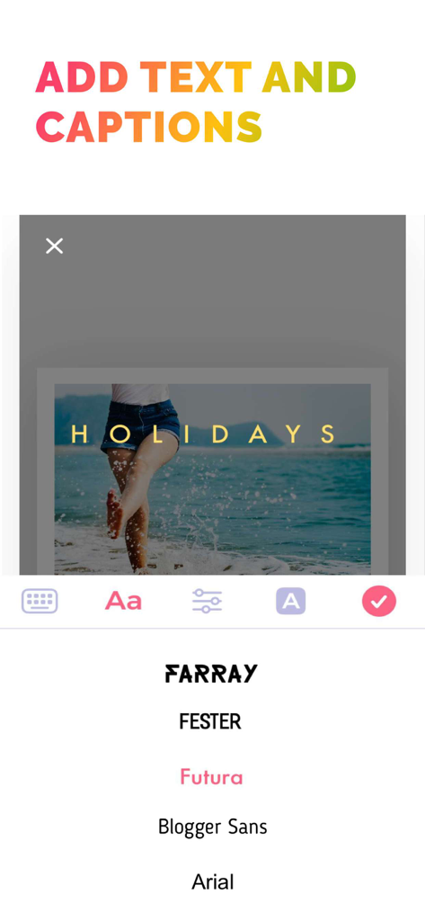 Benutzeroberfläche zum Hinzufügen von benutzerdefiniertem Text und Bildunterschriften zu Fotos mit verschiedenen Schriftoptionen