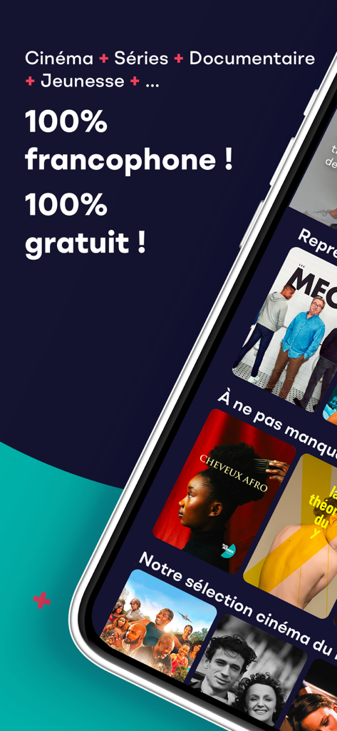 TV5MONDEplus - Application mobile TV5MONDEplus montrant des films et séries gratuits en français avec une interface 100% francophone