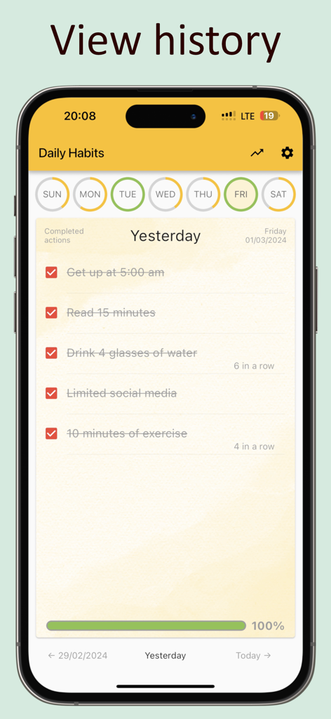 Track daily activity or habits - Una pantalla de smartphone que muestra un registro histórico de hábitos diarios completados y una barra de progreso.