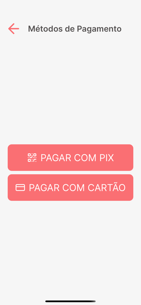 Tela de pagamento do HomeMarket com botões para pagamentos via Pix e cartão de crédito