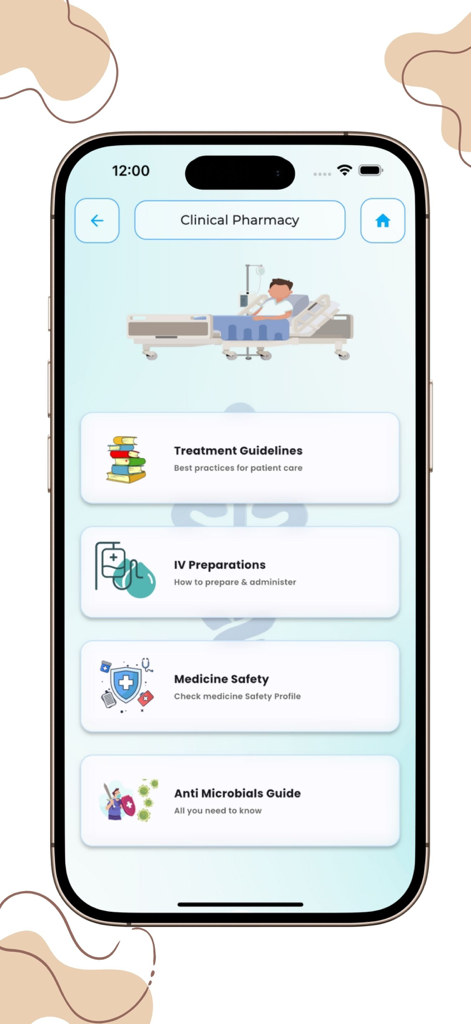 MediHelp: Drug Guide & Dosing - MediHelp mobile app showing the Clinical Pharmacy menu with options for treatment guidelines IV preparations and medicine safety.