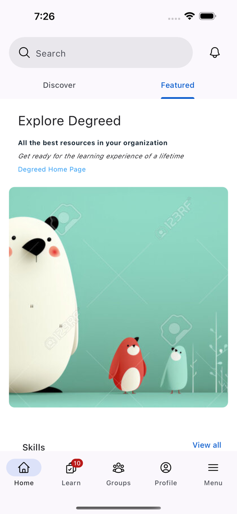 Degreed - Pantalla de inicio de la aplicación Degreed que muestra recursos de aprendizaje destacados y el menú de navegación.