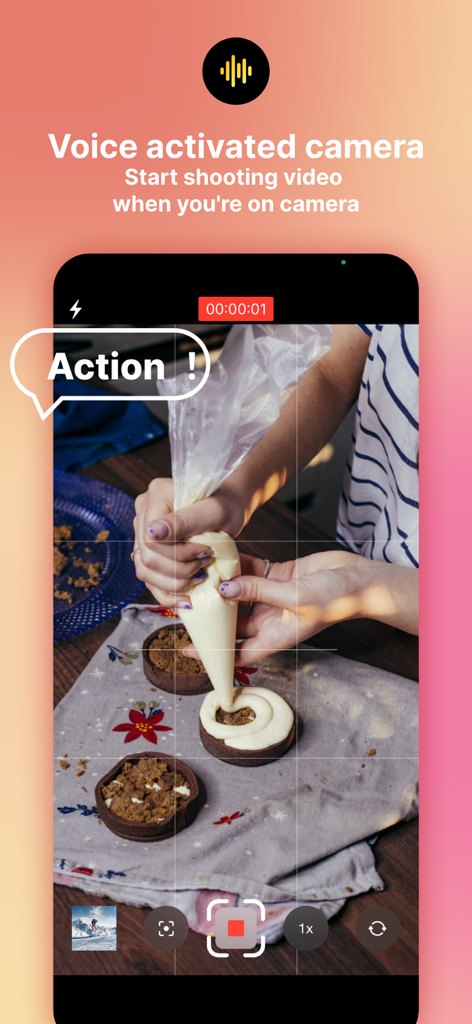 Action - AI video camera - Smartphone screen showing a hands-free video recording of a cooking tutorial activated by the voice command Action.