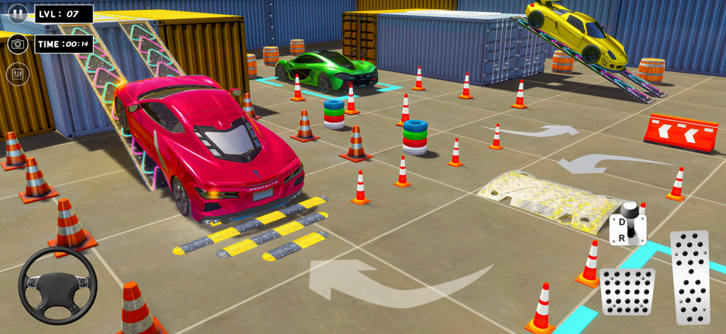 Luxury City Car Parking - Un coche deportivo rosa conduciendo a través de un circuito de obstáculos de aparcamiento con rampas y conos en un juego de simulación 3D.