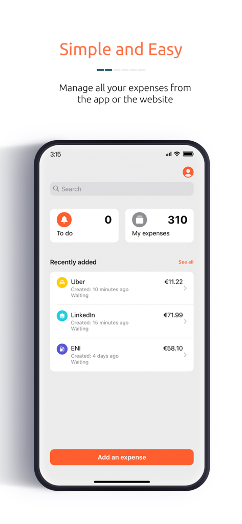 Le tableau de bord de l'application mobile Jenji affiche la liste des dépenses professionnelles récemment ajoutées et un récapitulatif des dépenses totales.