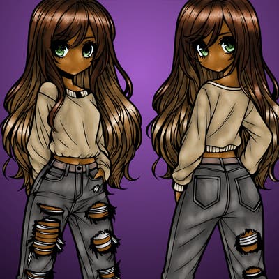 realistic girl with ripped pants long hair