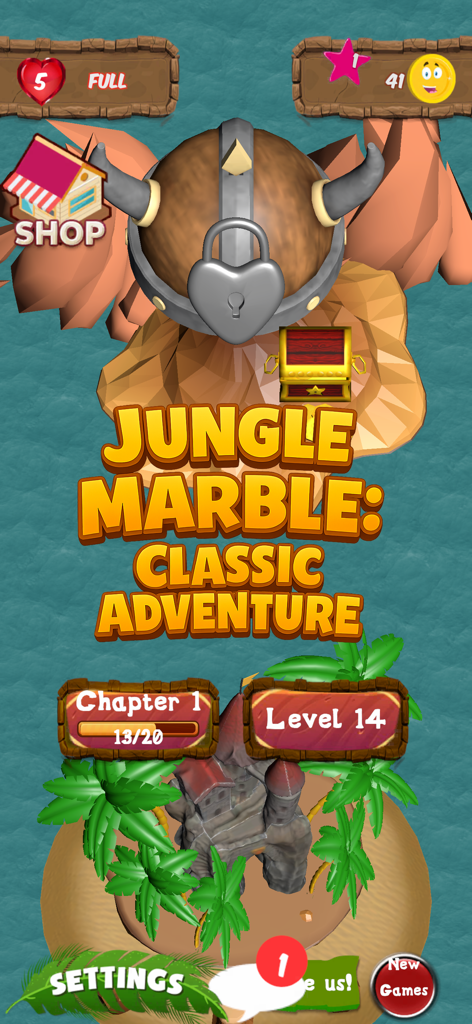 The main menu of the Marble Jungle mobile game featuring a viking helmet and island castle.