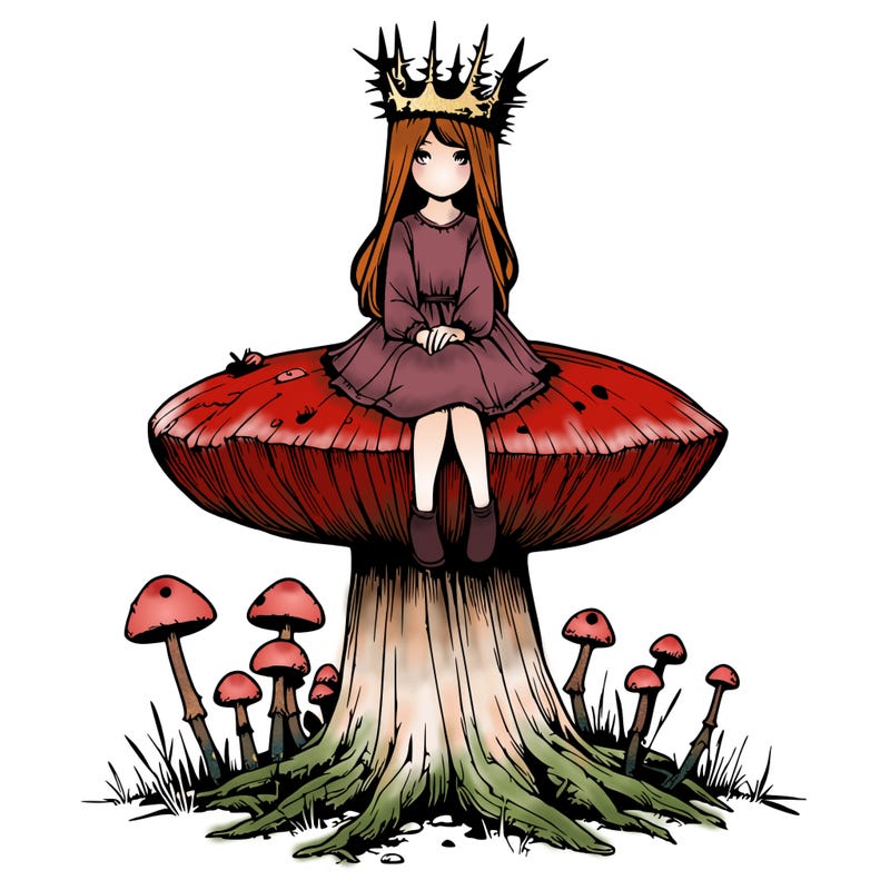 realistic girl sitting on a huge tree stump size toadstool with thorn crown