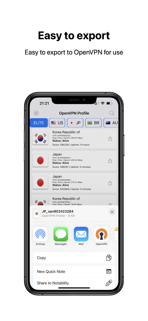A smartphone screen displaying the OvpnSpider Lite app showing a list of VPN servers and the iOS share sheet to export configuration files to OpenVPN Connect.