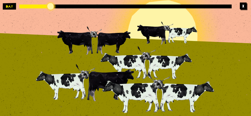 Real Vampires - Surreal 2.5D artwork of cows with their tails knotted together in a field at sunset from the game Real Vampires.