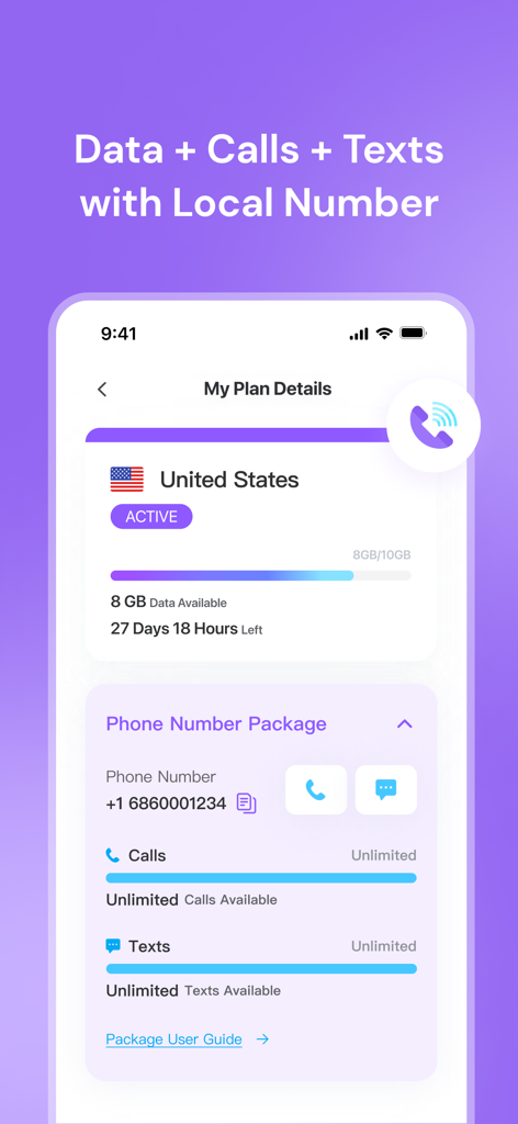 Textr eSIM: Travel Mobile Data - Textr eSIM app dashboard showing an active United States data and phone number package with unlimited calls and texts.