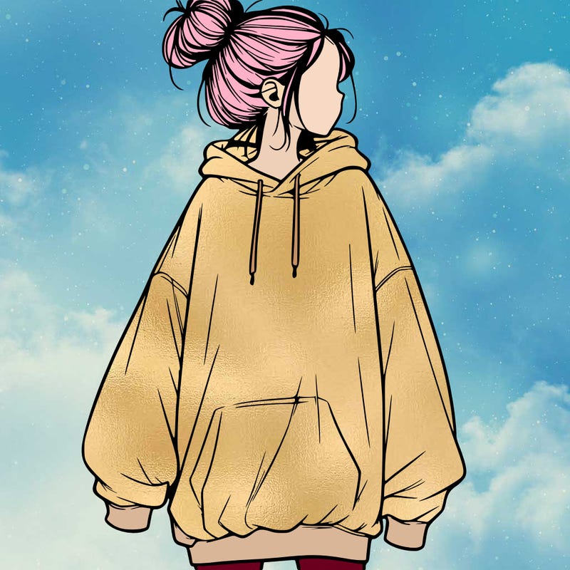 realistic girl with a oversized sweatshirt on and a bun