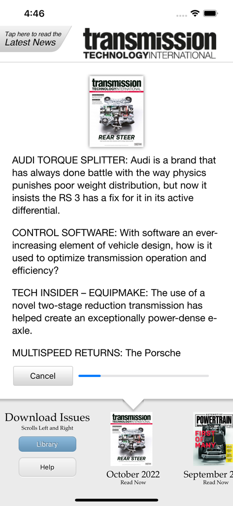 Automotive Powertrain Tech Int - Automotive Powertrain Technology Internationalアプリの技術記事概要。トランスミッション技術の概要が表示されます。