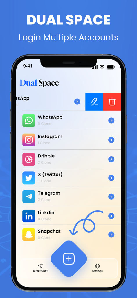 Dual Space Lite-Multi Accounts - Interface do aplicativo Dual Space Lite exibindo vários clones de conta para aplicativos de mídia social e mensagens.