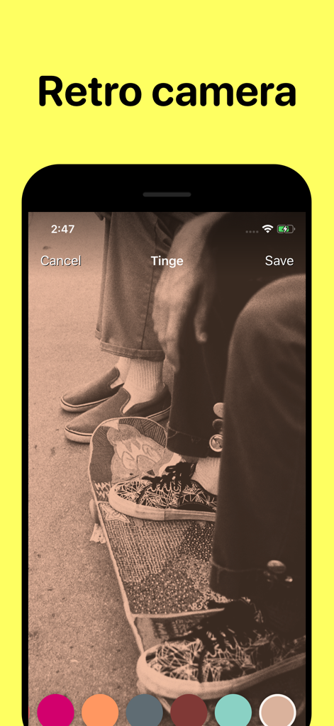 Tinge - Glow Cam - Aplicativo Tinge mostrando um filtro de câmera retrô vintage em uma foto de skate