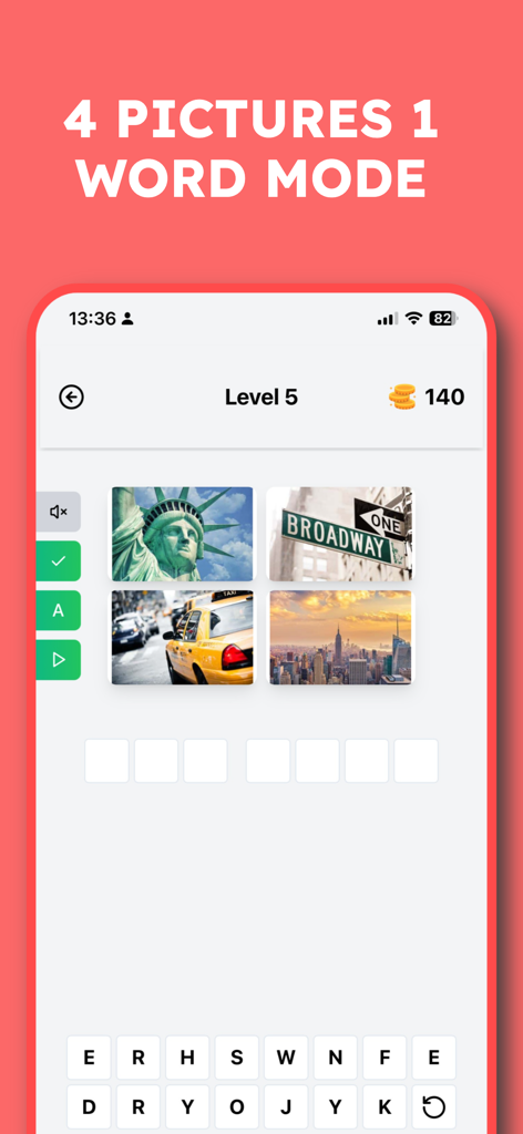 Logo Quiz 2025 Guess the brand - Gameplay screenshot of Logo Quiz 2025 showing the four pictures one word mode featuring New York City landmarks