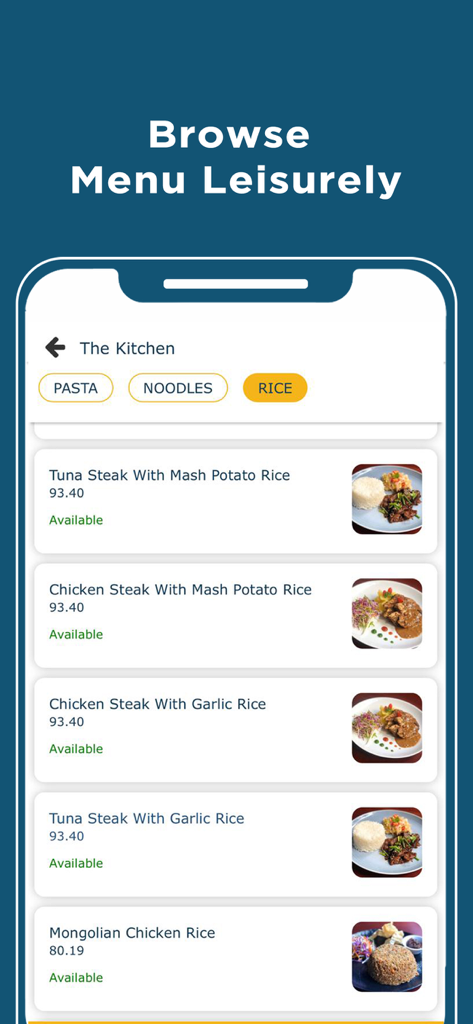 A mobile screen showing the AVAS Food menu interface with various steak and rice dishes available for delivery.