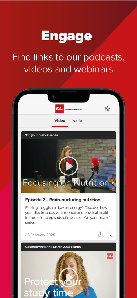 ACCA Student Accountant - Mobile screen of the ACCA Student Accountant app displaying educational videos and podcasts.