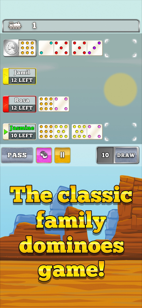 Mexican Train Dominoes Gold - Gameplay of Mexican Train Dominoes Gold showing dominoes on a desert background with the text The classic family dominoes game