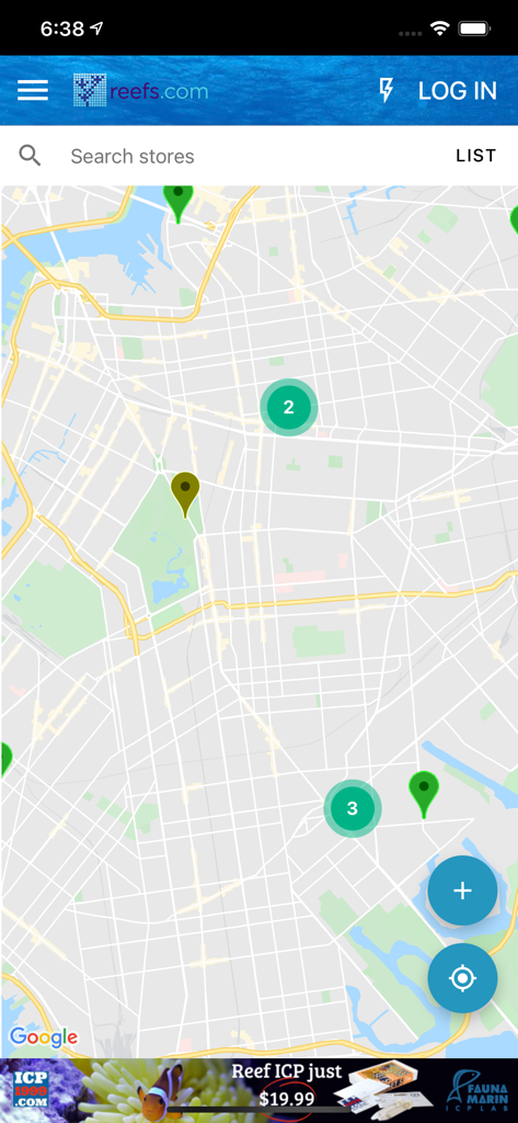 Reefs - Map interface in the Reefs app showing locations of local fish stores with map pins and clusters.