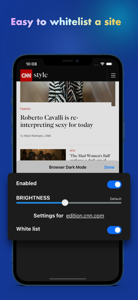 Browser - Dark Mode for Safari - Pantalla de un smartphone mostrando la configuración de la extensión de modo oscuro con un interruptor para agregar un sitio web a la lista blanca