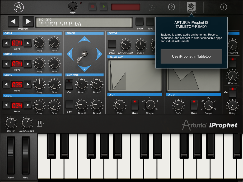 iProphet Synthesizer - The main dashboard of the iProphet Synthesizer app featuring a virtual keyboard and sound synthesis controls