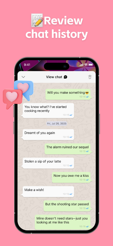 Mobile App-Oberfläche, die die Funktion zur Überprüfung des Chat-Verlaufs mit einem Textgespräch auf rosa Hintergrund zeigt
