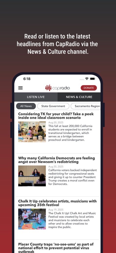 Screenshot of the CapRadio mobile app showing the News and Culture section with local Sacramento news headlines and a donate button.