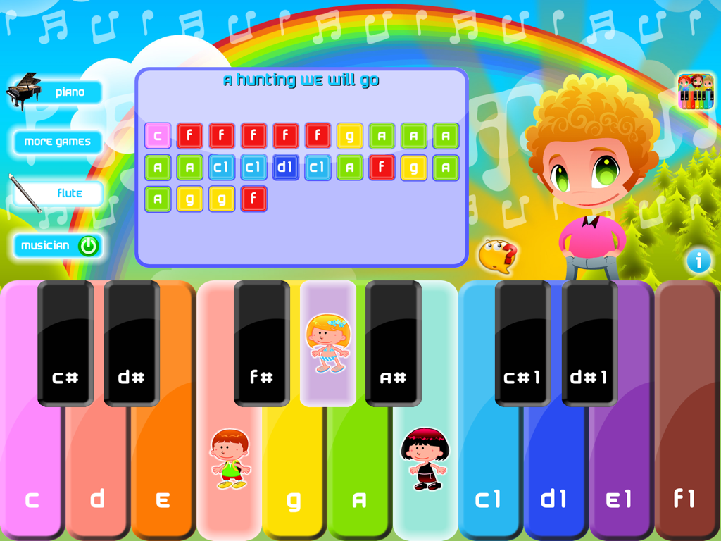Cute Piano Lite play and learn - Interfaz colorida de la aplicación de piano preescolar con notas musicales codificadas por colores y canciones infantiles