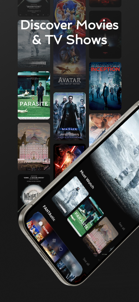 MegaFlix TV - Pantalla de descubrimiento de la aplicación MegaFlix TV en iPhone con pósteres de películas populares