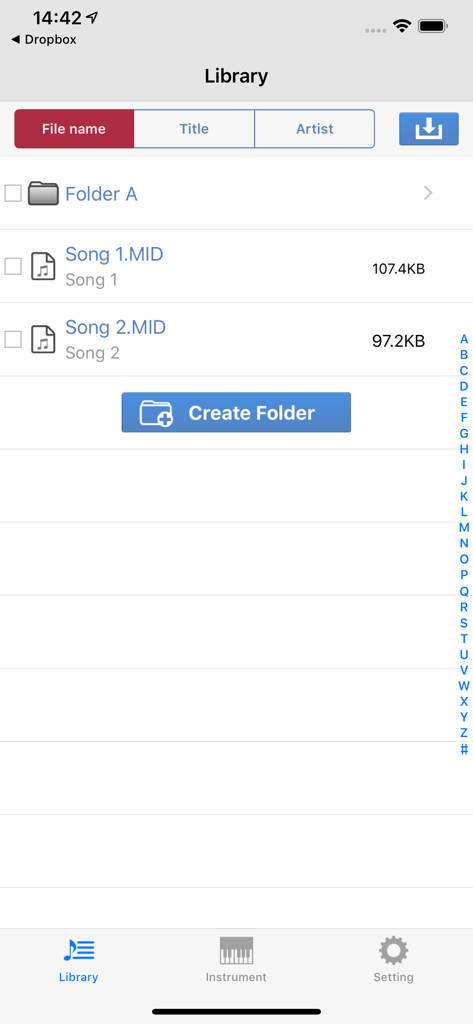 MusicSoft Manager - MusicSoft Manager app library screen displaying folders and MIDI song files