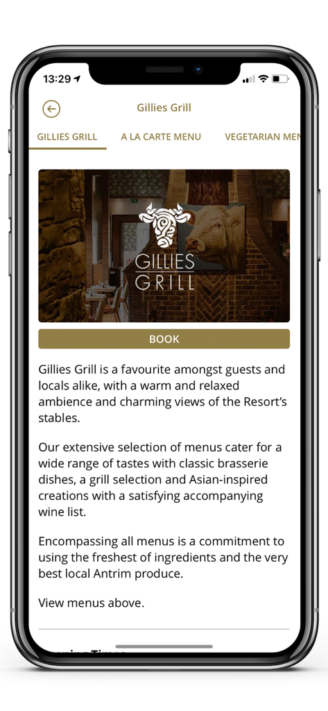 Galgorm Collection - Interface of the Galgorm Collection app displaying the Gillies Grill restaurant details and booking button