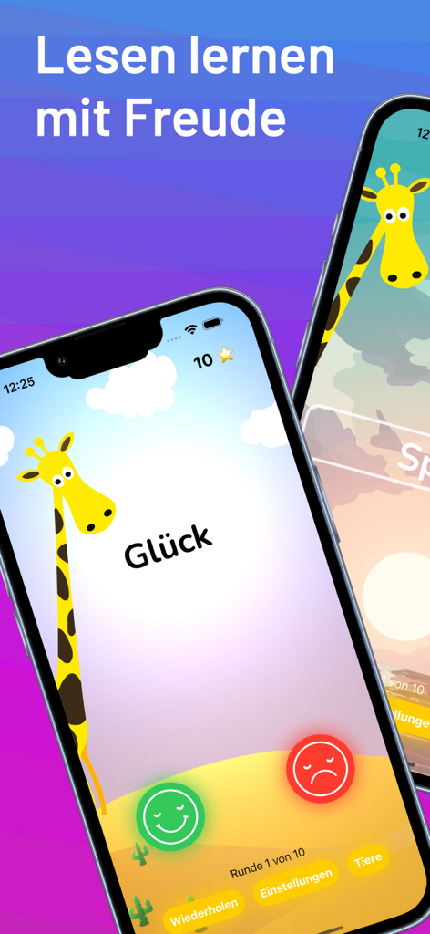 Blitzlesen: Das Original - Capture d'écran de l'application éducative Blitzlesen montrant un personnage de girafe et un exercice de reconnaissance visuelle du mot Glueck