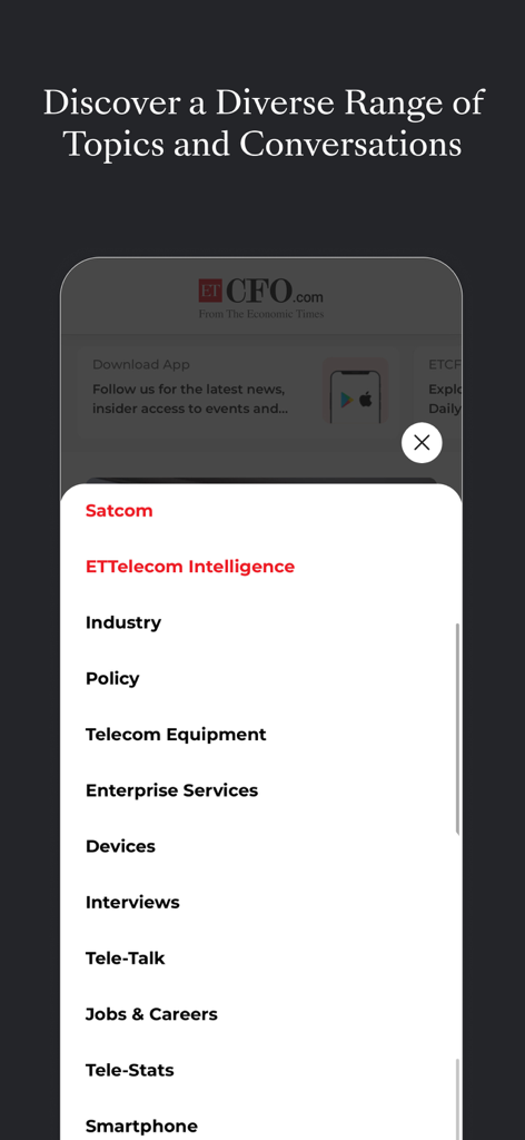 Menú de la aplicación ETTelecom que muestra categorías especializadas de noticias de telecomunicaciones como Satcom y Equipos de Telecomunicaciones.