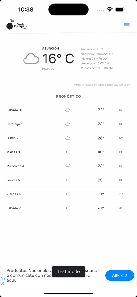 DesdePy - DesdePy app interface showing the current weather and a seven day forecast for Asuncion Paraguay