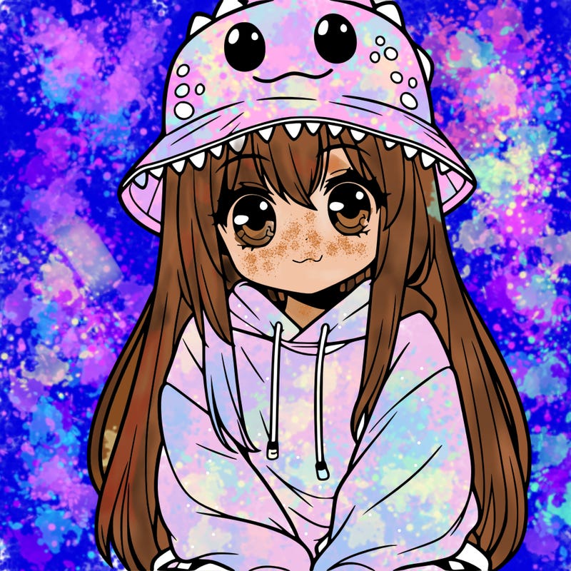 girl with anime shaped eyes with a dinosaur bucket hat oversized sweatshirt long straight hair