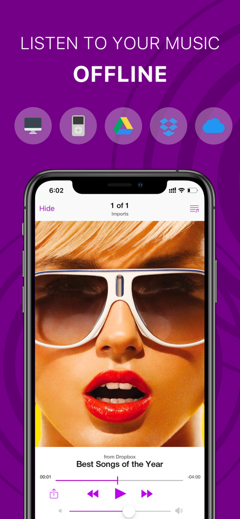 Offline Music Player & Cloud - Smartphone displaying a music player interface with cloud storage icons and offline playback controls