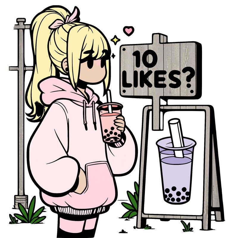 girl with oversized hoodie drinking boba and she has a high ponytail with a sign that says 10likes?